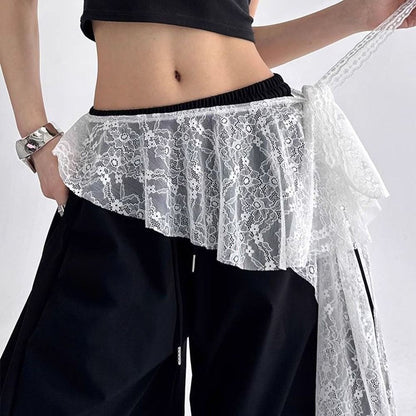 Jeans Pants Decor Embroidered Flower Lace Mini Skirt Irregular See Through Ruched Skirts High Waist Harajuku Pleated Skirts