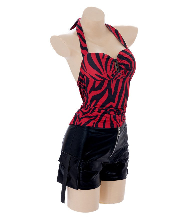 Obsession Nikki Costume Cosplay Outfit Zebra Halter Top Faux Leather Cargo Shorts Punk Streetwear Halloween Carnival Disguise