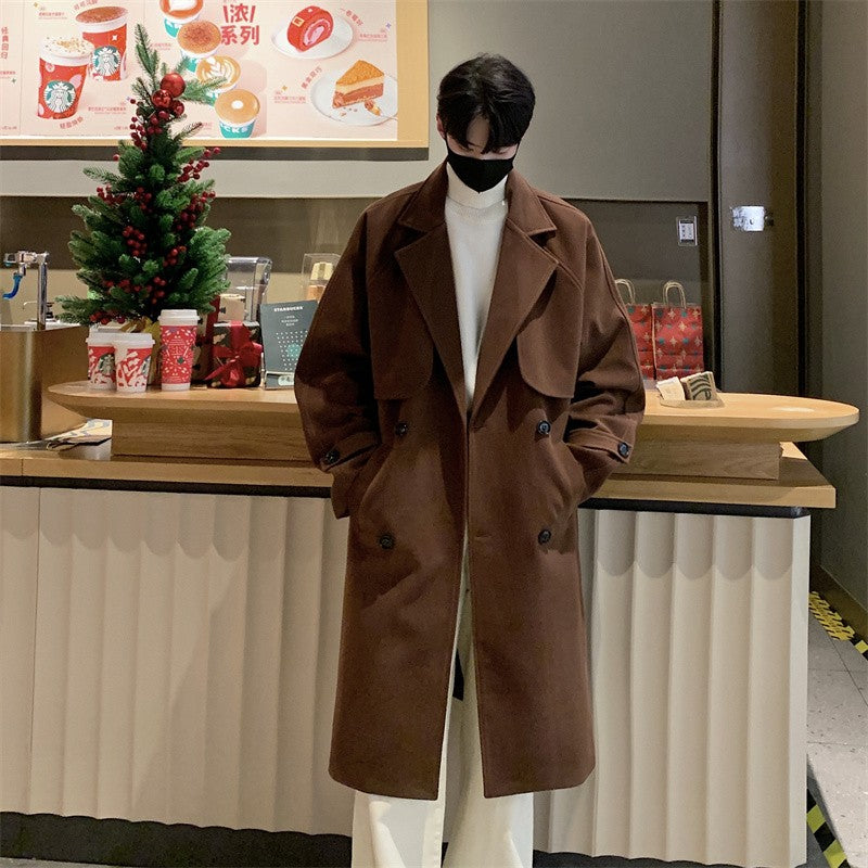 Men's Autumn Winter Mid Length Woolen Coat New Korean Tide Black Thickned Overcoat Long Sleeve Double-breasted Jackets