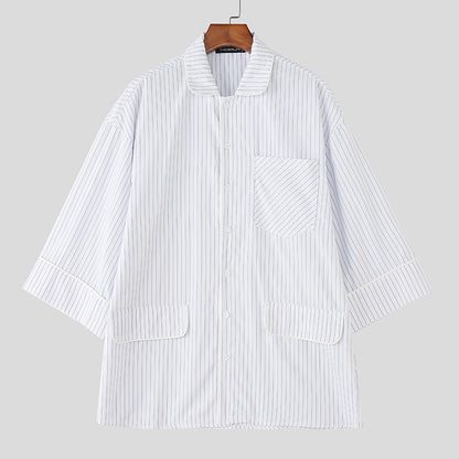 INCERUN Men Striped Shirt Lapel 3/4 Sleeve Oversize Casual Men Clothing Streetwear Korean Style Loose Fashion Tops Male Shirts