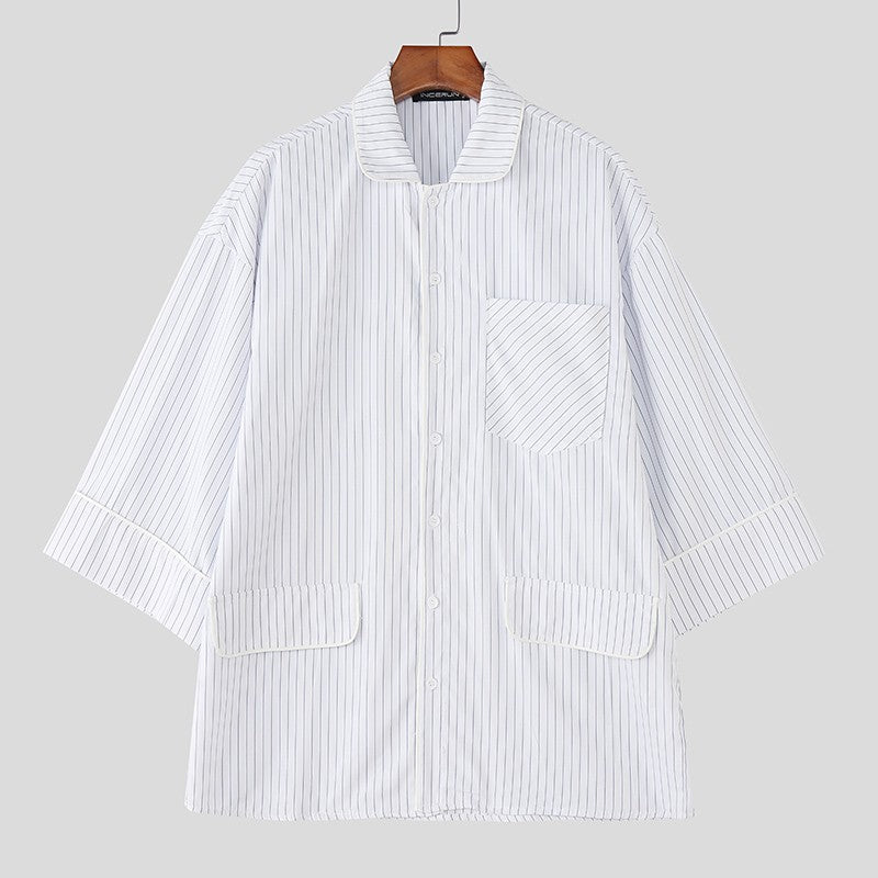 INCERUN Men Striped Shirt Lapel 3/4 Sleeve Oversize Casual Men Clothing Streetwear Korean Style Loose Fashion Tops Male Shirts
