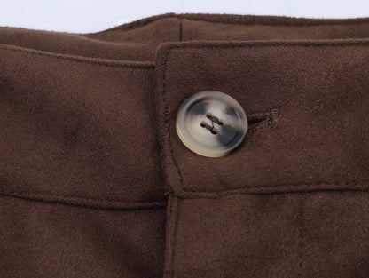 Die-Cut Hem Faux Suede Wide Leg Pants For Women Vintage Brown High Waist With Pockets Casual Loose Trousers