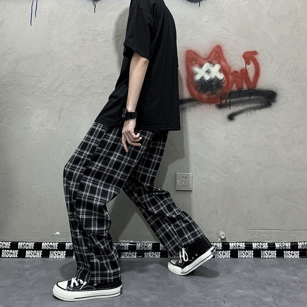 2025 Korean Style Plaid Pants Women Summer New Loose Straight Wide-leg Loose Casual Office Lady Trousers Daily Sweatpants Female