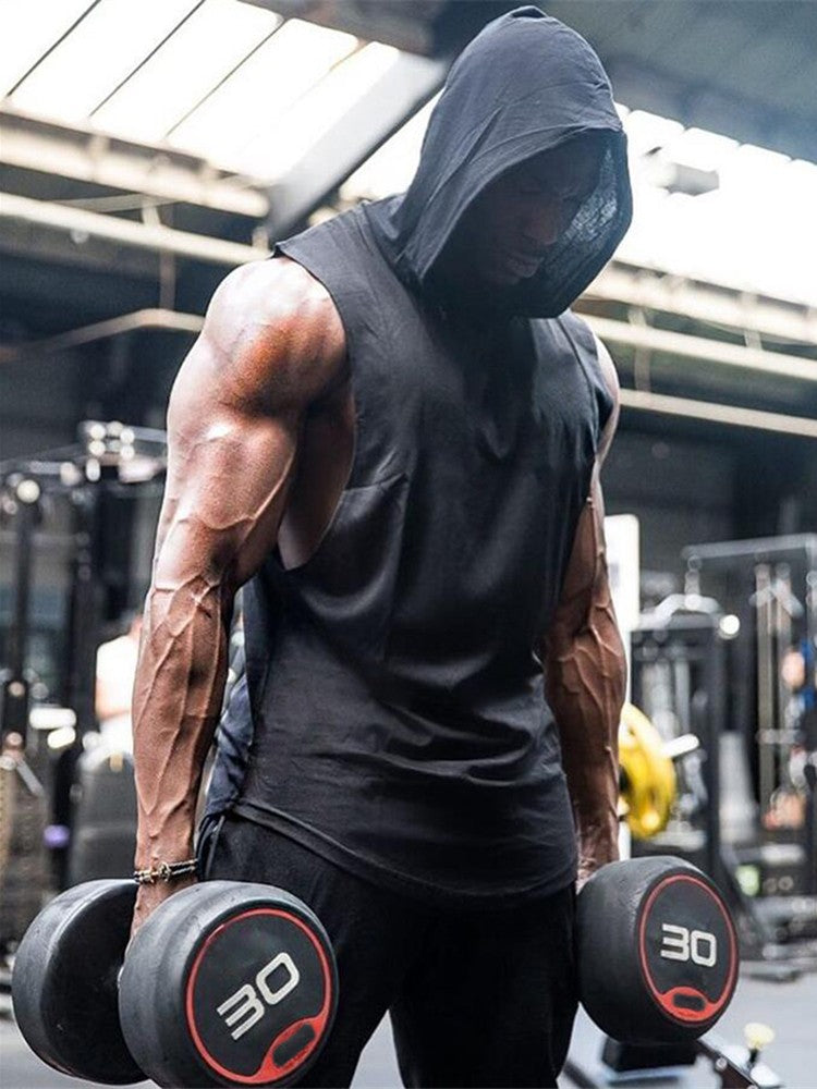 Plain Men's Gym Tank TopSinglets Bodybuilding Stringer Muscle Vest Hoodies Fitness Sleeveless Hooded T Shirt Cut Off Sports
