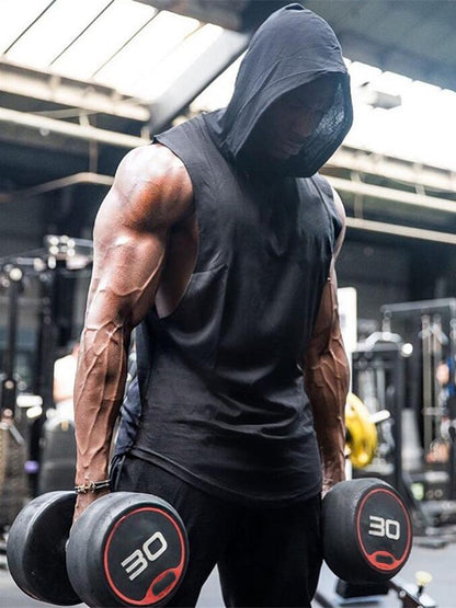 Plain Men's Gym Tank TopSinglets Bodybuilding Stringer Muscle Vest Hoodies Fitness Sleeveless Hooded T Shirt Cut Off Sports