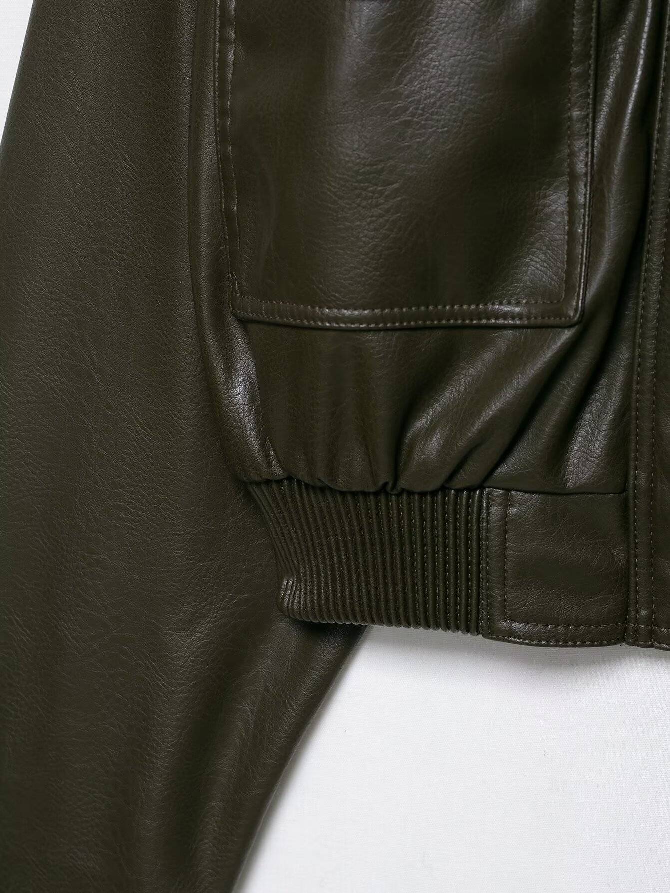 HH Women Large Front Pocket Jacket Vintage Solid Turtleneck Long Sleeve Zipper Faux Leather Jacket Fashion High Street Lady Coat