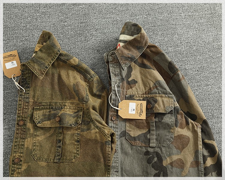 2024 Autumn and Winter New American Retro Woven Camouflage Cargo Shirt Men's 100% Cotton Washed Old Double Pockets Thin Jacket