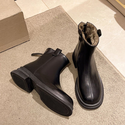 New Women Ankle Boots Fashion Female Square Heel Low-Heel Shoes Lady Boots Leather Woman Low-heel Keep Warm Ankle Boots Q109