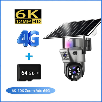 10x Zoom 4G SIM Solar Camera Outdoor 6K 12MP Three Lens HD Night Vision IP Surveillance Camera Security Protection  PTZ CCTV Cam