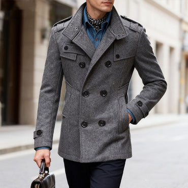 Men's Double-breasted Woolen Overcoat Fashion Solid Color Mid-length Jacket Luxury Light Business Stand Collar Trench Coat M-3XL