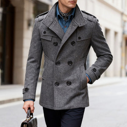 Men's Double-breasted Woolen Overcoat Fashion Solid Color Mid-length Jacket Luxury Light Business Stand Collar Trench Coat M-3XL