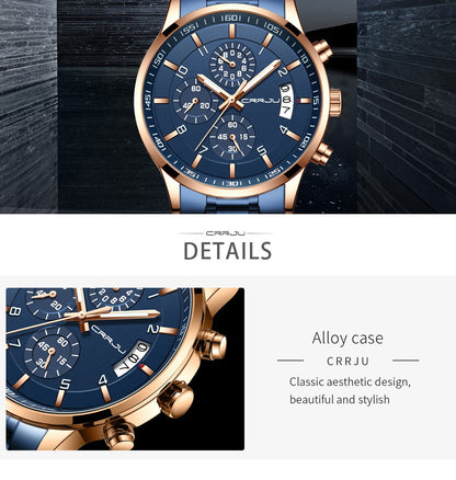 CRRJU Men Quartz Wristwatches Luxury Brand Sporty Chronograph Watches with 316 Stainless Steel Luminous Hands Male Clock Red