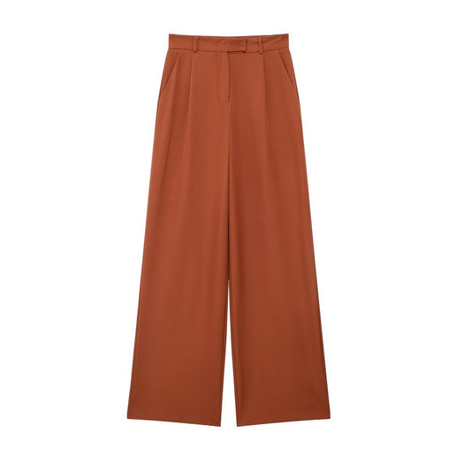 TRZA Women Fashion With Darts Front Pockets Wide Leg Pants Vintage High Waist Zi