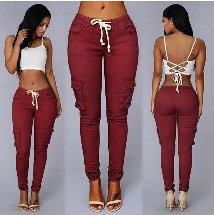 Women Slim Fit Pencil Pants Multi Pocket Drawstring Tie Waist Casual Trousers with Belt