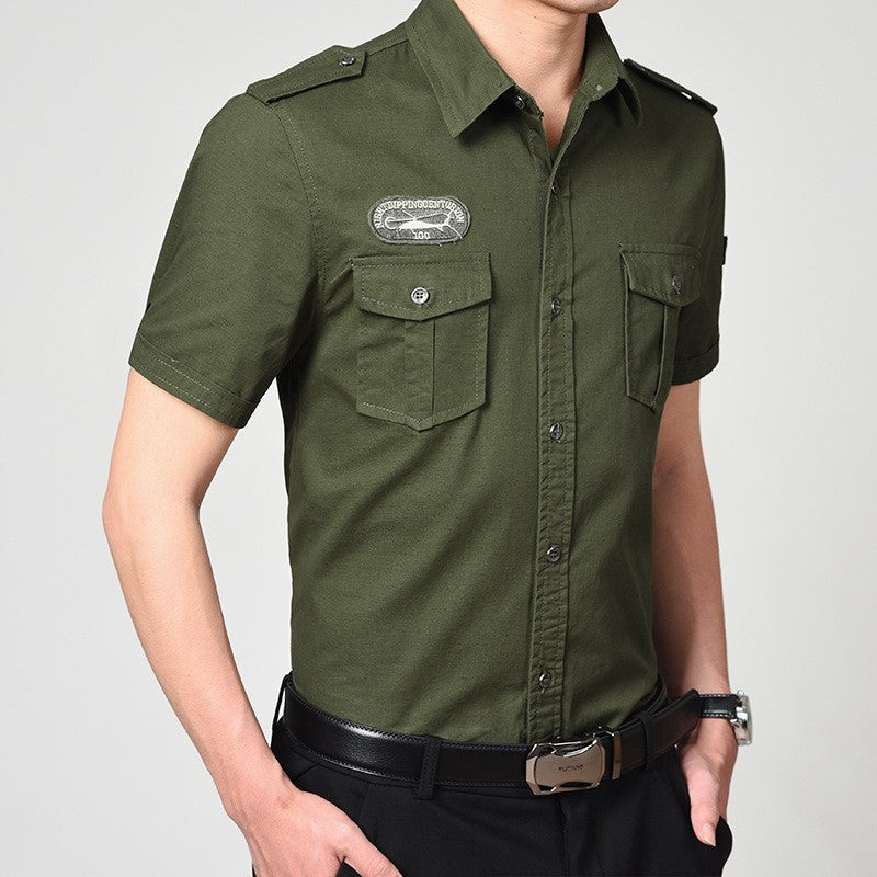 Men Cargo Shirts Summer Military Cotton Short Sleeve Shirts Retro Slim Fit With Pocket Epaulets Half Sleeve Shirts Drop Shipping