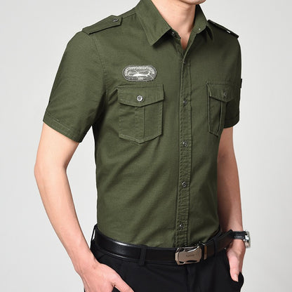 Men Cargo Shirts Summer Military Cotton Short Sleeve Shirts Retro Slim Fit With Pocket Epaulets Half Sleeve Shirts Drop Shipping