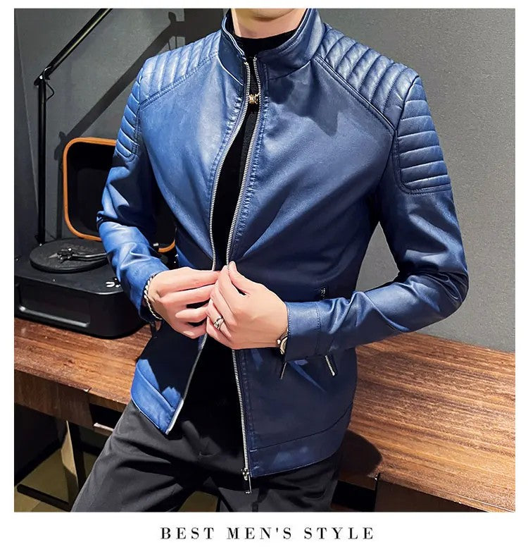 Men standing collar Jacke, leather motorcycle jacket men,bomber leather coat?fashion trend personalized leather winter clothing