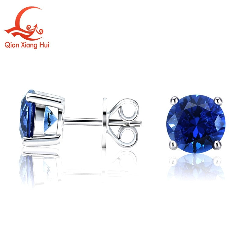 Lab Created Royal Blue/Cornflower Blue Sapphire Ear Stud 5-9mm with Inclusions Round Shape S925 Silver Earrings Jewelry