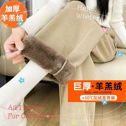 Warm Lambswool Straight Pants Women Corduroy Thickened Loose Wide Leg Pants Fashion Casual Elastic High Waist Fleece Trousers