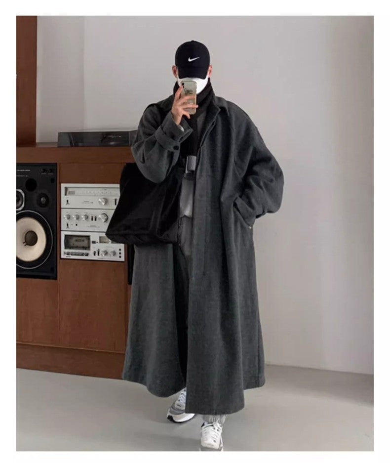 Mauroicardi Autumn Winter Long Warm Grey Black Slouchy Woolen Coat Men Single Breasted Loose Casual Wool Blends Overcoat 2023