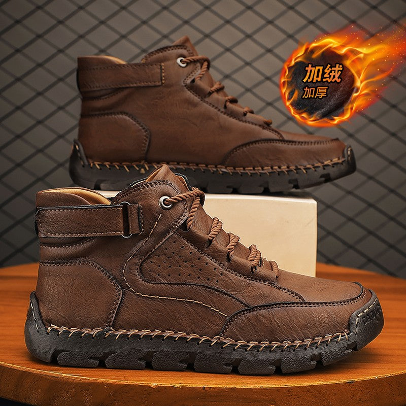 Botas masculinas costuradas à mão, sapatos casuais plus size, botas confortáveis e macias, botas antiderrapantes para uso externo