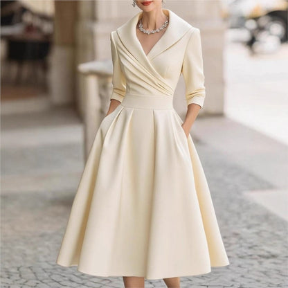 Elegant Wedding Guest Dress Women Turndown Collar Mid-Length Waisted A-Line Satin Evening Dress Cocktail Party Midi Dresses