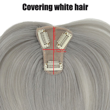 Wig piece for women, with bangs covering their white hair and a thin invisible replacement piece for their hair