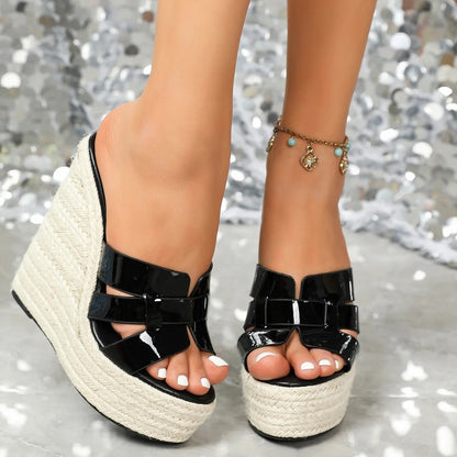 Lady Super High Heels Rice Straw Weave Women Platform Shoes Outside Summer Thick Sole Casual Sandals 14.5CM Wedges Heel Slippers