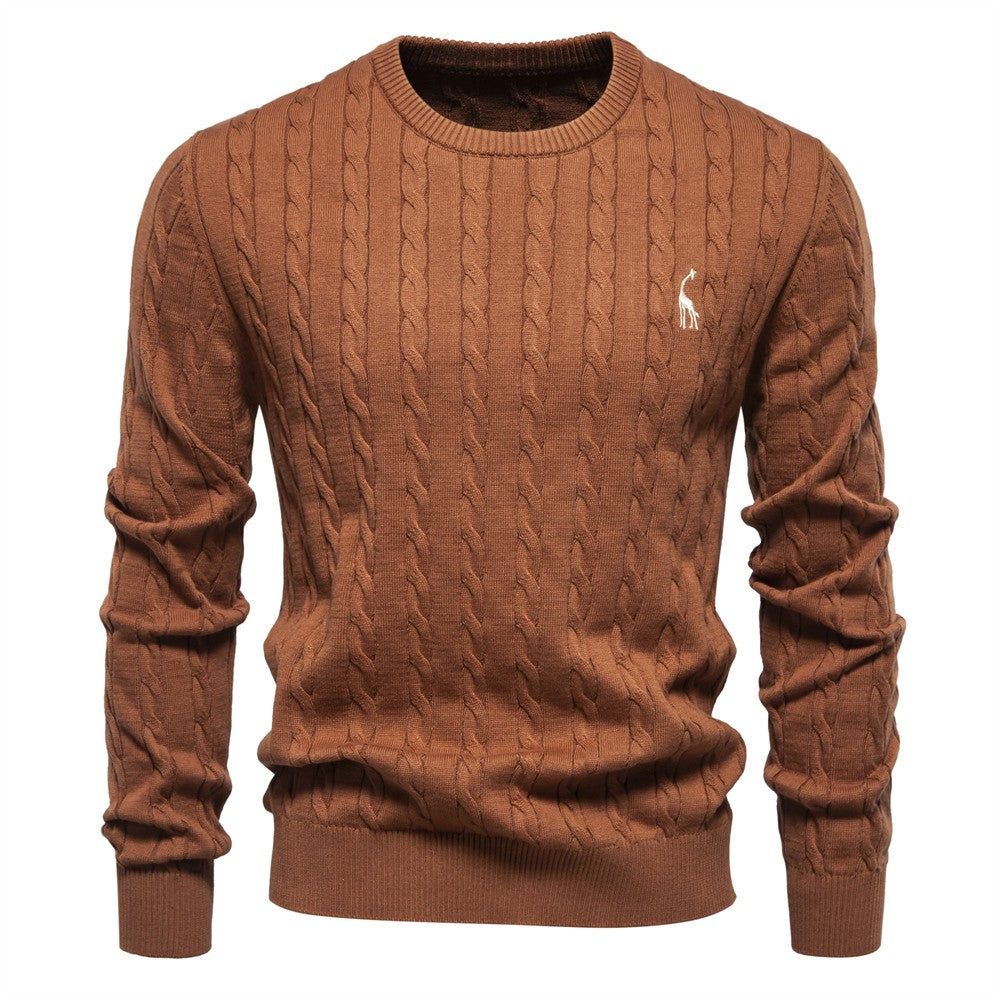 AIOPESON Mens Giraffe Embroidery Cotton Sweaters Round Neck Classic Twist Patterned Pullover Knitted Sweater for Men