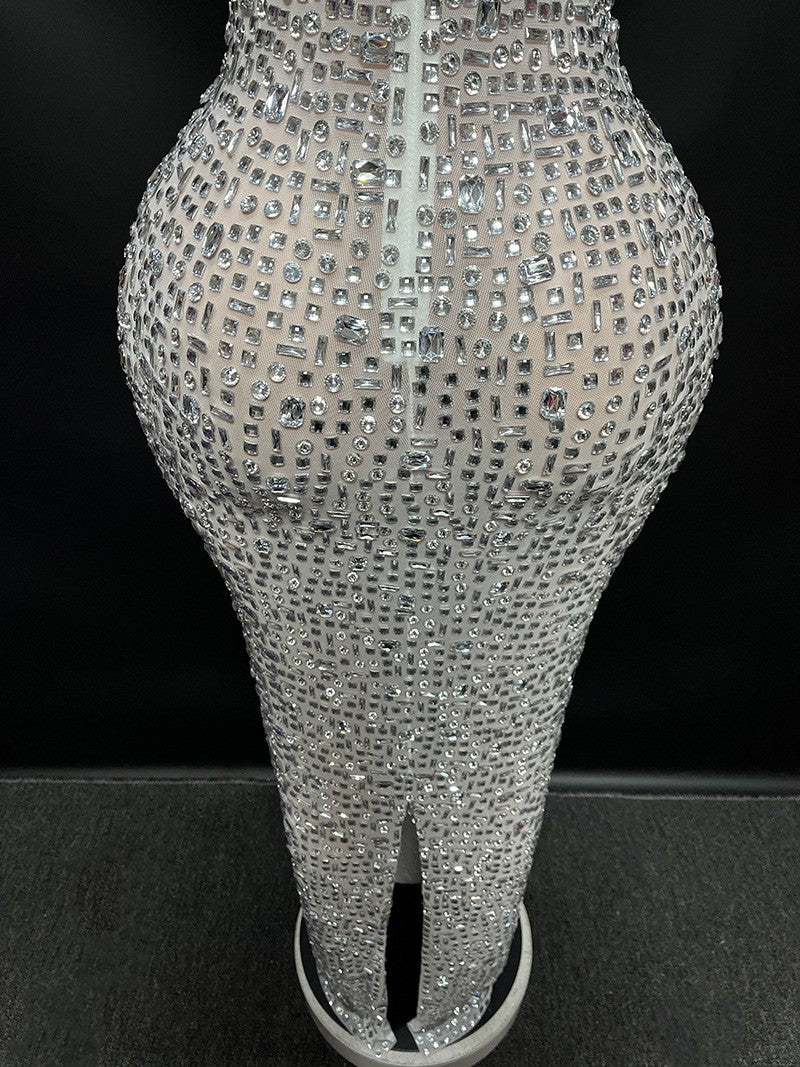 Sexy Full Drill Elastic Slim Fit Sleeveless Long Dress - Hip Wrap, For Host Stage Catwalk & Engagement Evening High-Slit Dresses