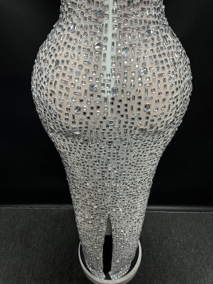 Sexy Full Drill Elastic Slim Fit Sleeveless Long Dress - Hip Wrap, For Host Stage Catwalk & Engagement Evening High-Slit Dresses