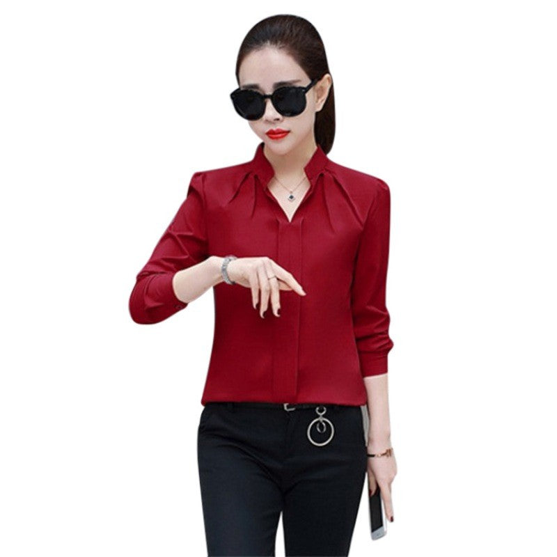 Autumn Spring Fashion Sexy V-Neck Shirt Women OL Formal Long Sleeve Chiffon Blouse M-2XL