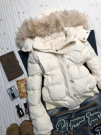 Fur Collar Women Winter Warm Jacket Hooded Thicken Single Breasted Long Sleeve New Zipper Hoodie Casual Female Coat Chic Outwear