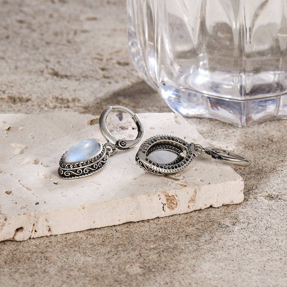 925 Sterling Silver Earrings Natural Moonstone 6*12mm Drop Earrings Retro Silver Vintage Eye Shape Fine Jewelry Gift For Women