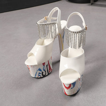 17CM Summer Shoes Women luxury Sandals Platform Ladies Shoes Stripper Womens High Heels Geometric Fluorescent Night light Heels