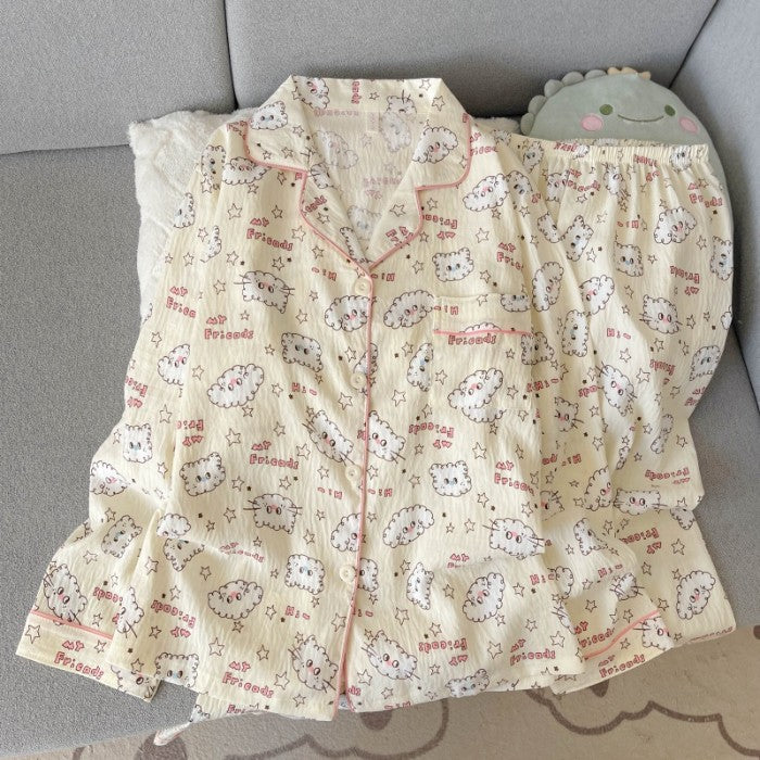 Harajuku Style Kawaii Sweet Loungewear 2 PC Set Line Star Dog Print Cute Casual Women's Pajamas Autumn Long New Fashion Homewear