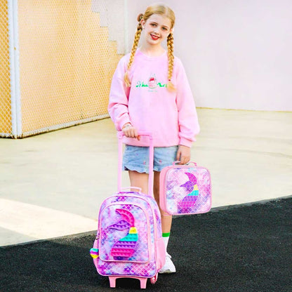 3PCS Kids Rolling Backpack for Girls, Mermaid Roller Wheeled Bookbag Toddler Elementary School Bag with Wheels - Pink