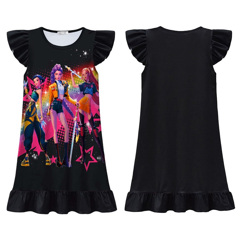 K-POP Demo Hunte Printed Sleeping Skirt Big Butterfly Sleeve Loose Pajamas Children Girls Sleeping Clothing Casual Home Wear