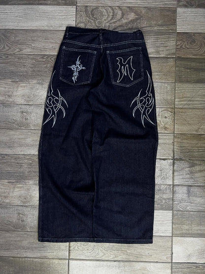 Retro Gothic Street Clothing Fashion Hip Hop American Loose Straight Wide Legs Women Line Harajuku Oversized Washed Jeans Men