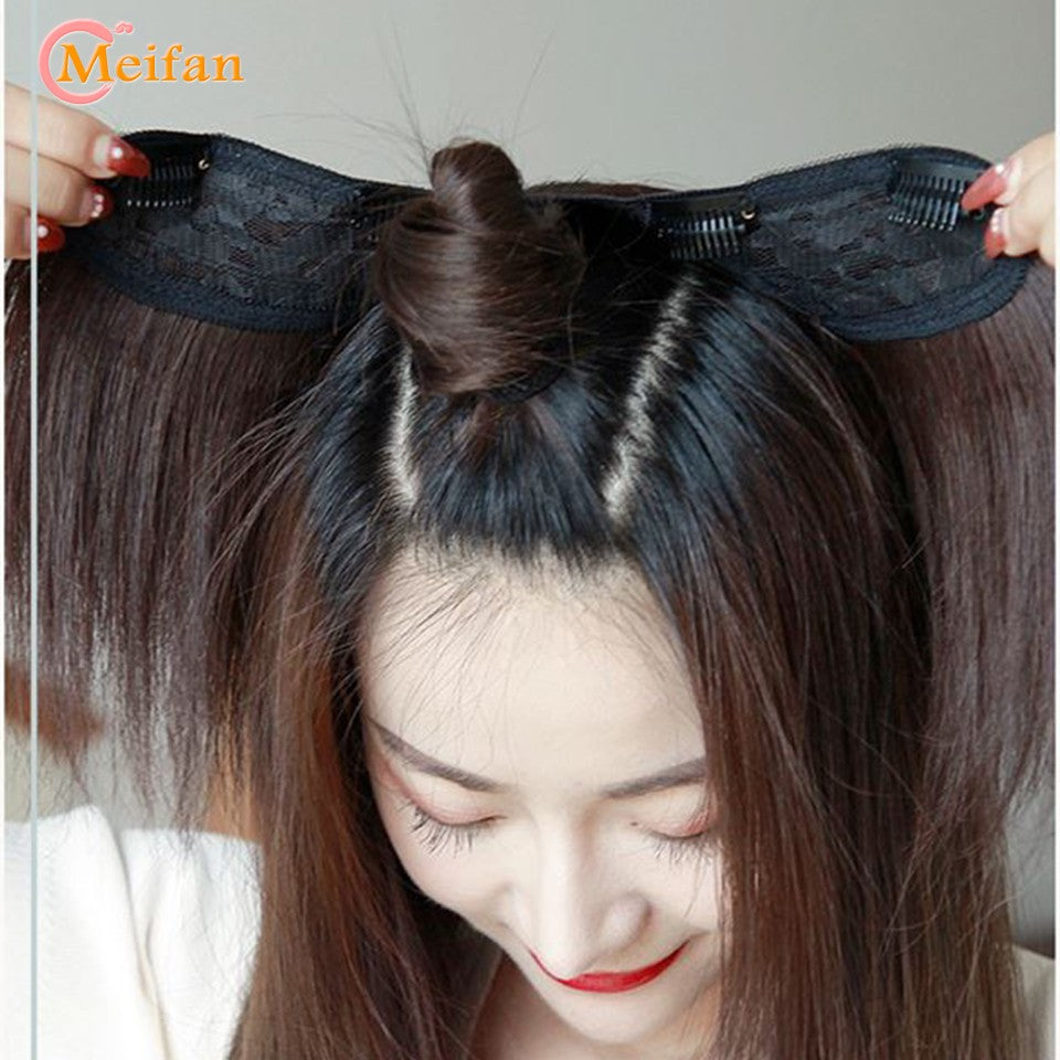 MEIFAN Peruca Sintética Longa e Lisa em U com Meia Cabeça para Mulheres, Clipes Pretos e Castanhos em Extensão de Cabelo, Apliques Naturais e Falsos