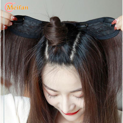 MEIFAN Peruca Sintética Longa e Lisa em U com Meia Cabeça para Mulheres, Clipes Pretos e Castanhos em Extensão de Cabelo, Apliques Naturais e Falsos