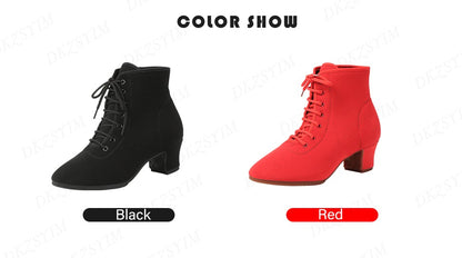 DKZSYIM New Women Ballroom Latin Dance Shoes Jazz Modern Dance Shoes Lace Up Dancing Boots Red Black Sports Dancing Sneakers