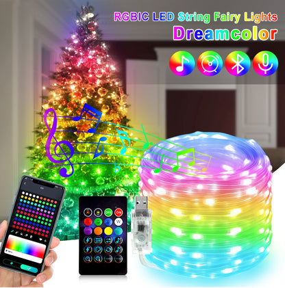 Bluetooth Smart LED String Fairy Lights 5V WS2812B Christmas Garland Light RGBIC Dream Color Waterproof IP67 for Party Holiday