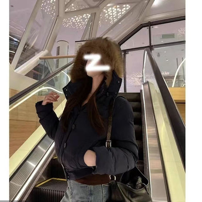 Fur Collar Women Winter Warm Jacket Hooded Thicken Single Breasted Long Sleeve New Zipper Hoodie Casual Female Coat Chic Outwear