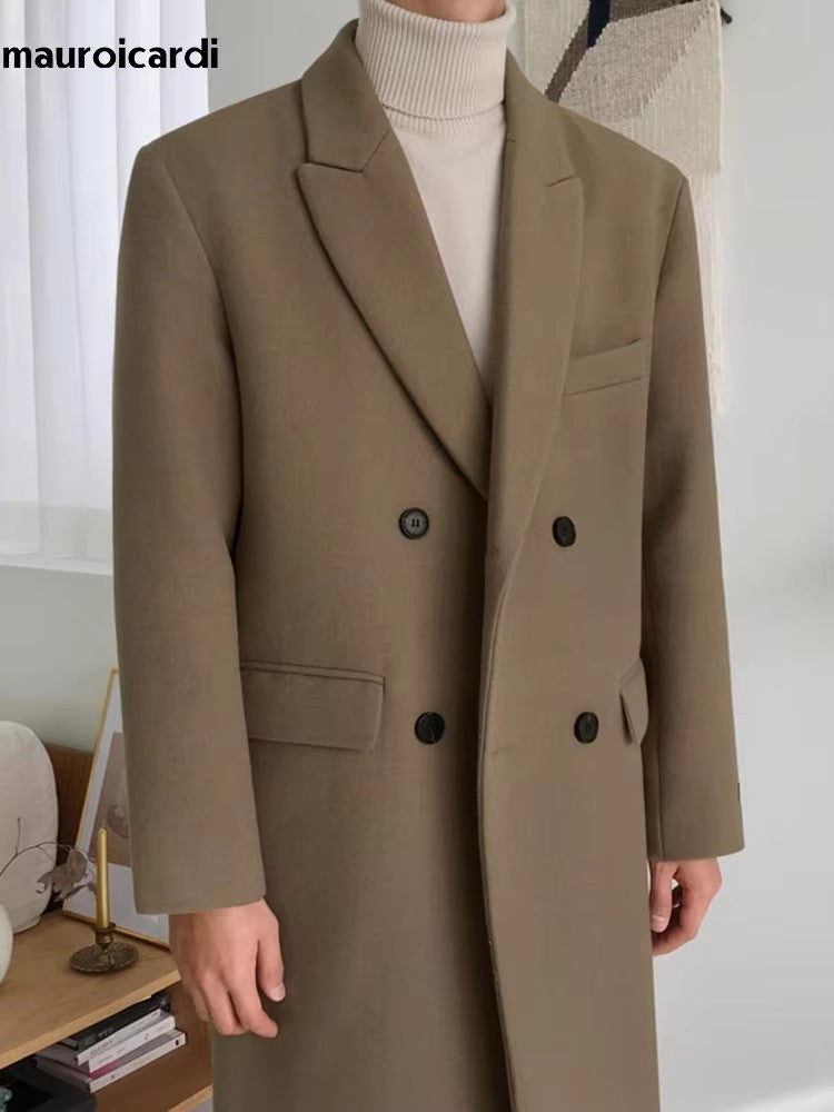 Mauroicardi Autumn Winter Long Warm Camel Black Woolen Coat Men Double Breasted Korean Style Wool Blends Overcoat with Back Slit
