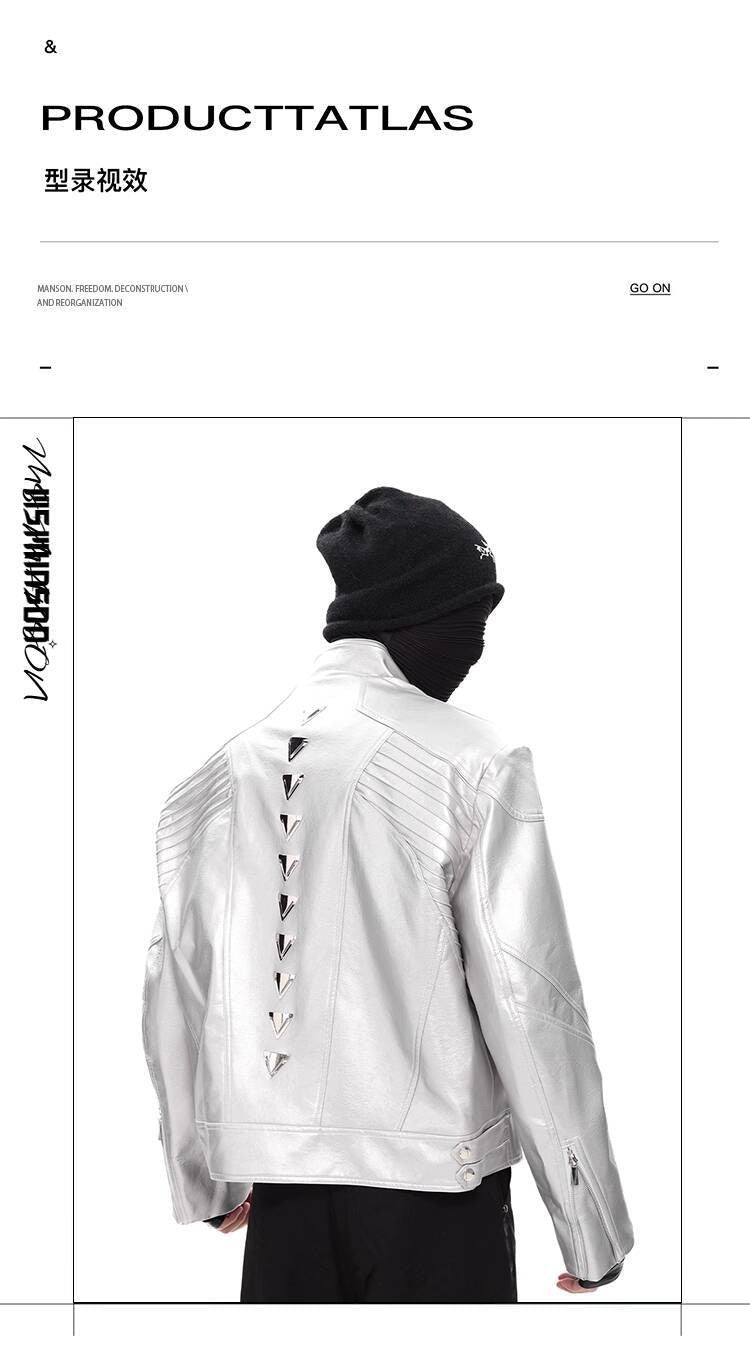 FEWQ Niche Design Men's PU Leather Coats Stand Collar Solid Color Zipper Metal Design Shoulder Pads Male Short Jacket 24K5931