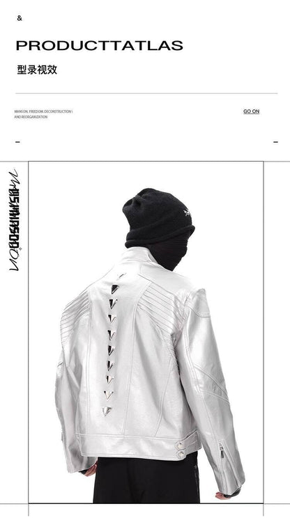 FEWQ Niche Design Men's PU Leather Coats Stand Collar Solid Color Zipper Metal Design Shoulder Pads Male Short Jacket 24K5931