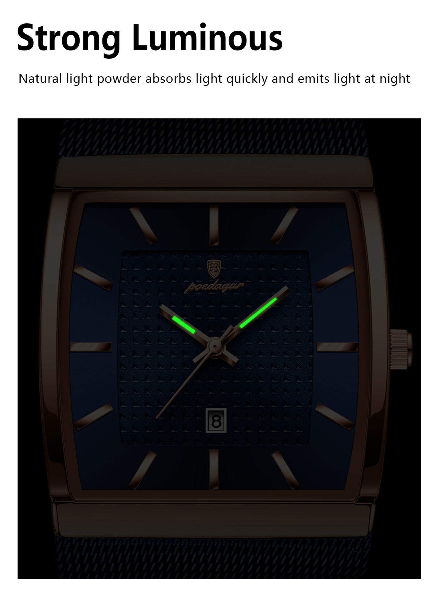 POEDAGAR Top Luxury Men Watch Stainless Steel Mesh Date Waterproof Luminous Man Wristwatch Casual Rectangle Quartz Men's Watches