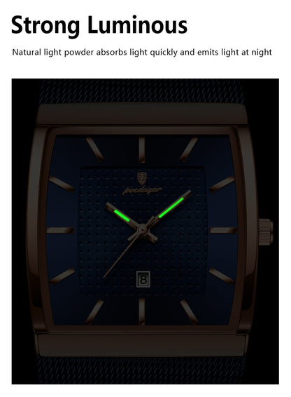 POEDAGAR Top Luxury Men Watch Stainless Steel Mesh Date Waterproof Luminous Man Wristwatch Casual Rectangle Quartz Men's Watches