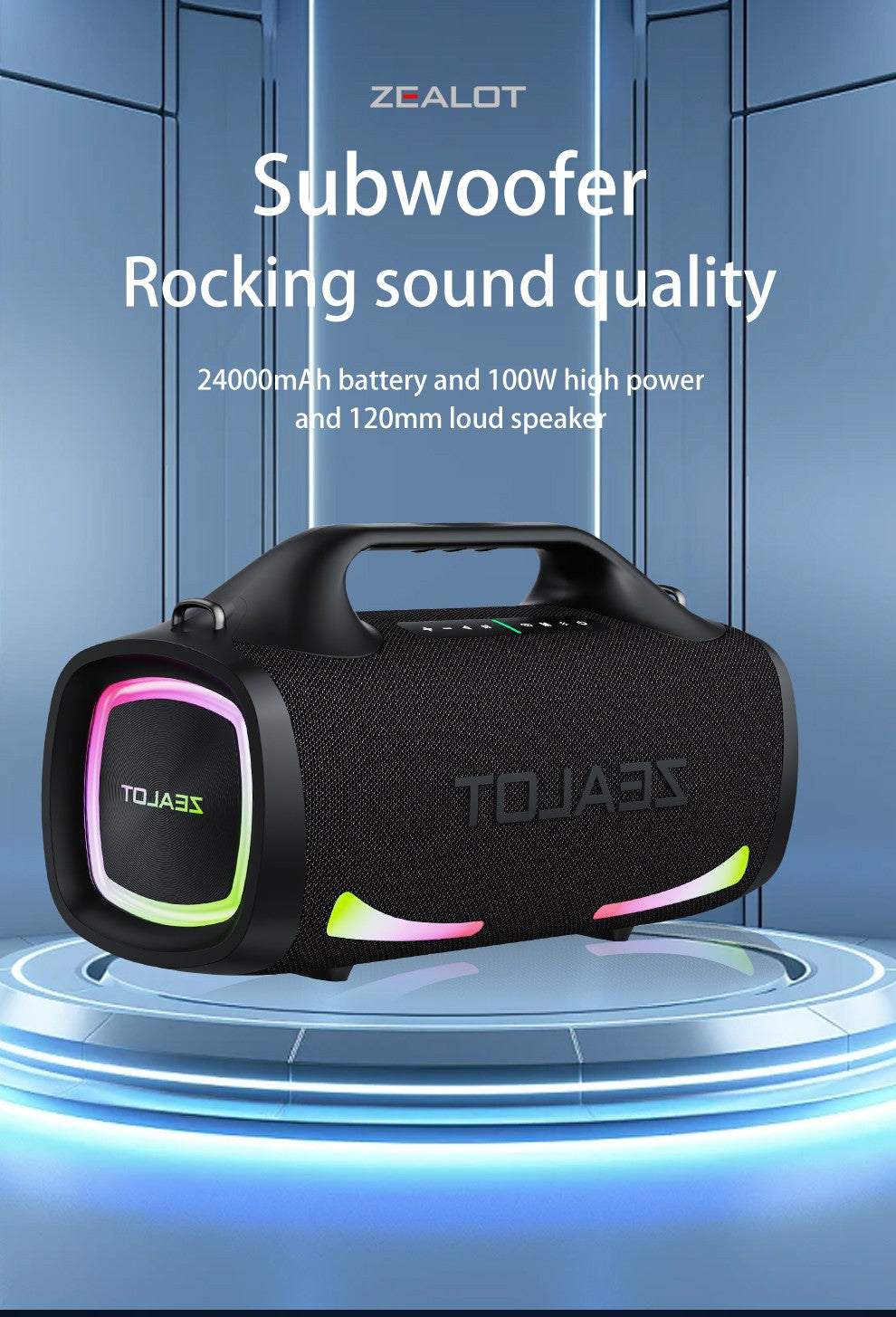 Caixa de Som Sem Fio Zealot S79 100W, Subwoofer Portátil para Exterior, Qualidade de Som Hifi, Pareamento Duplo, Carregamento Rápido, 24000mAh.